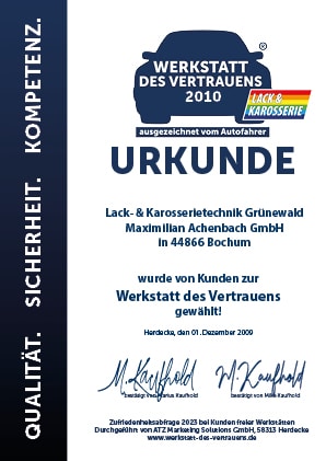 Werkstatt des Vertrauens Urkunde 2010
