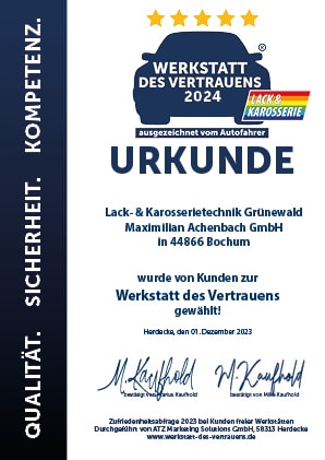 Werkstatt des Vertrauens Urkunde 2024